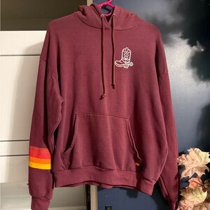 Aviator Nation Burgundy Hoodie with Embroidered Boot and Striped Sleeve